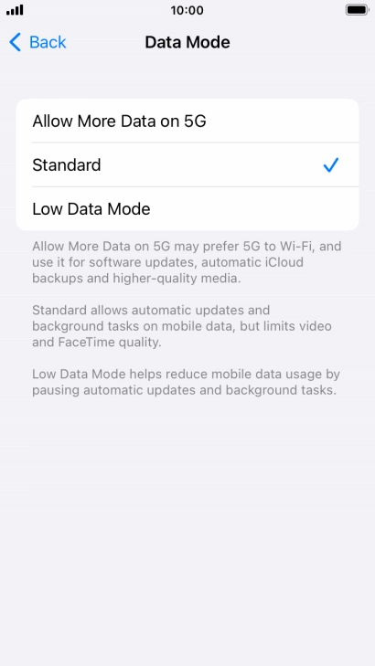 Press the required setting.