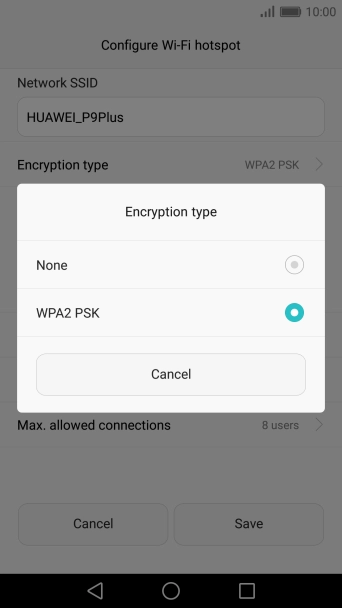 Press WPA2 PSK to password protect your Wi-Fi hotspot.