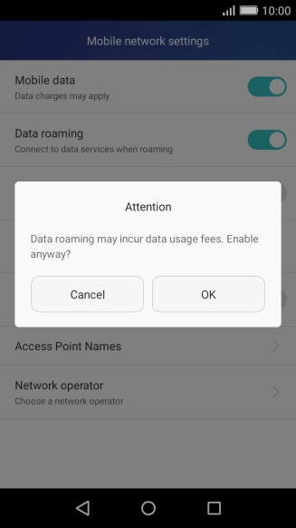 If you turn on data roaming, press OK.