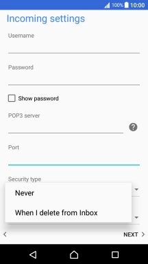 Press Never to keep email messages on the server when you delete them on your phone.