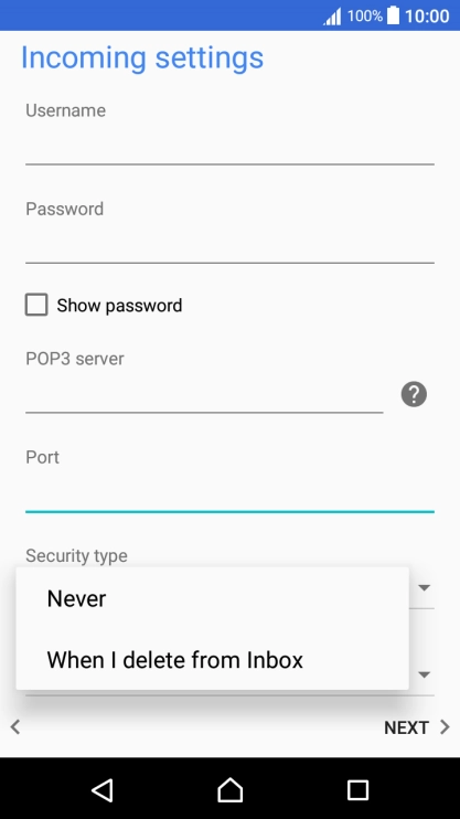 Press Never to keep email messages on the server when you delete them on your phone.