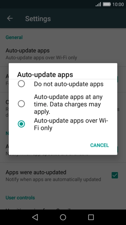 Press Auto-update apps over Wi-Fi only to turn on the function.