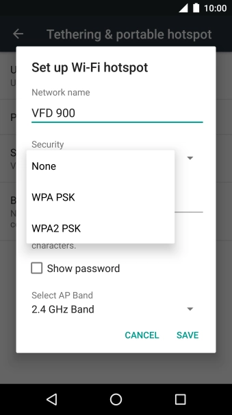 Press WPA2 PSK to password protect your Wi-Fi hotspot.