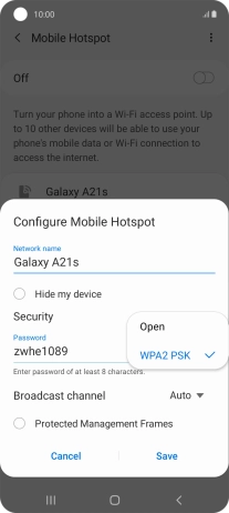 Press WPA2 PSK to password protect your Wi-Fi hotspot.