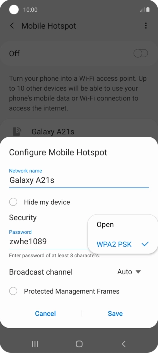 Press WPA2 PSK to password protect your Wi-Fi hotspot.