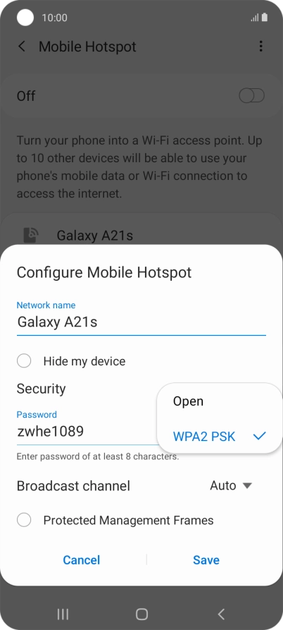 Press WPA2 PSK to password protect your Wi-Fi hotspot.