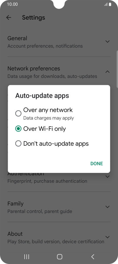 To turn on automatic update of apps using mobile network, press Over any network.