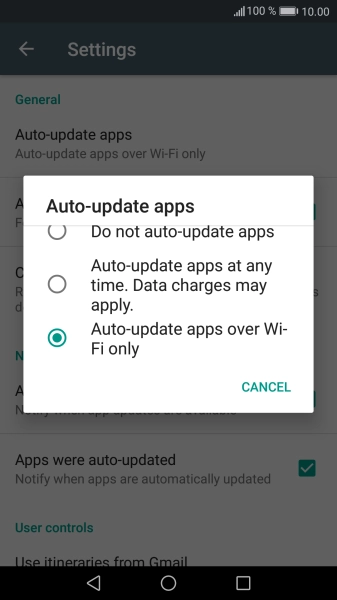 Press Auto-update apps over Wi-Fi only to turn on the function.