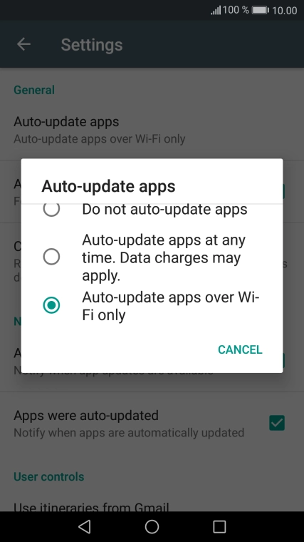 Press Auto-update apps over Wi-Fi only to turn on the function.