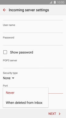 Press Never to keep email messages on the server when you delete them on your phone.