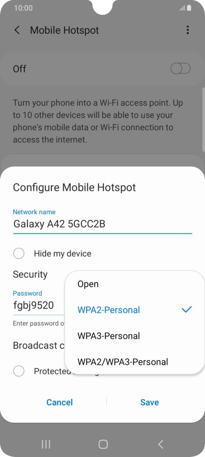 Press WPA2-Personal to password protect your Wi-Fi hotspot.