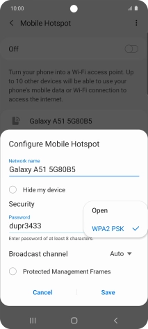 Press WPA2 PSK to password protect your Wi-Fi hotspot.