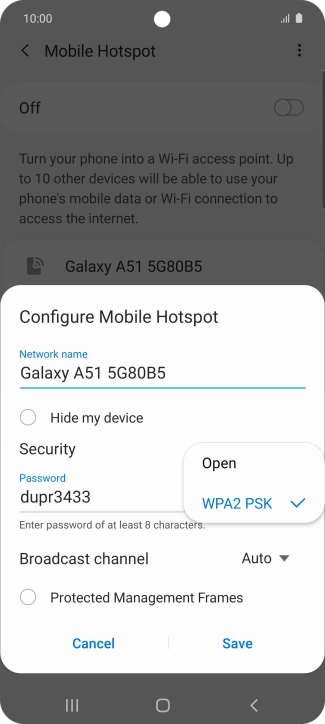 Press WPA2 PSK to password protect your Wi-Fi hotspot.