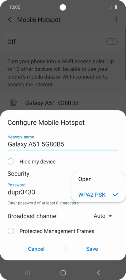 Press WPA2 PSK to password protect your Wi-Fi hotspot.