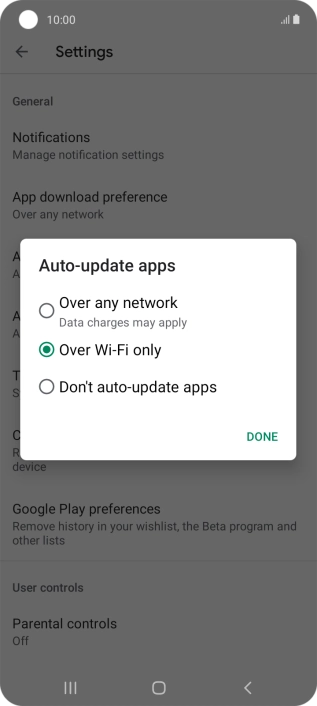 To turn on automatic update of apps using mobile network, press Over any network.