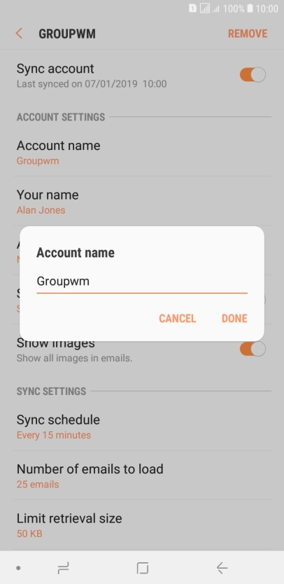 Key in the required name for the email account and press DONE.