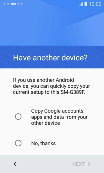 You can transfer the contents of another phone to your phone when it's activated for the first time and after a factory reset. When this screen is displayed, your phone is ready to transfer contents from another phone.