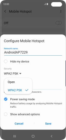 Press WPA2 PSK to password protect your Wi-Fi hotspot.