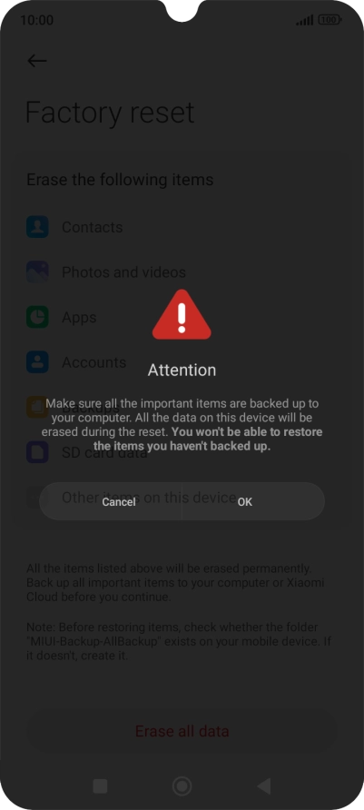 Press OK. Wait a moment while the factory default settings are restored. Follow the instructions on the screen to set up your phone and prepare it for use.
