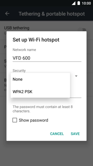 Press WPA2 PSK to password protect your Wi-Fi hotspot.