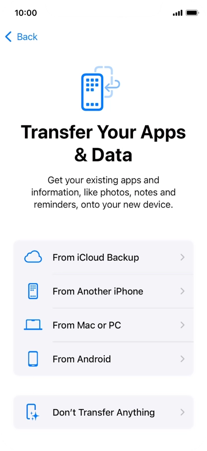 You can transfer content from an Android phone when your phone is activated for the first time and after a factory reset. When this screen is displayed, your phone is ready to transfer content from an Android phone.