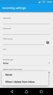 Press Never to keep email messages on the server when you delete them on your phone.