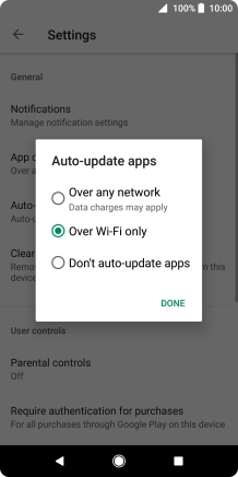 To turn on automatic update of apps using mobile network, press Over any network.