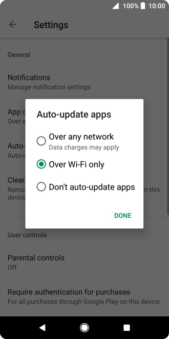To turn on automatic update of apps using mobile network, press Over any network.