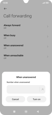 Key in (prefix) 5 (your phone number) and press Turn on.