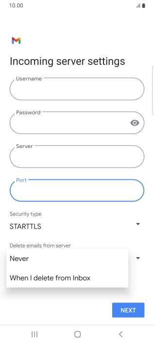 Press Never to keep email messages on the server when you delete them on your phone.