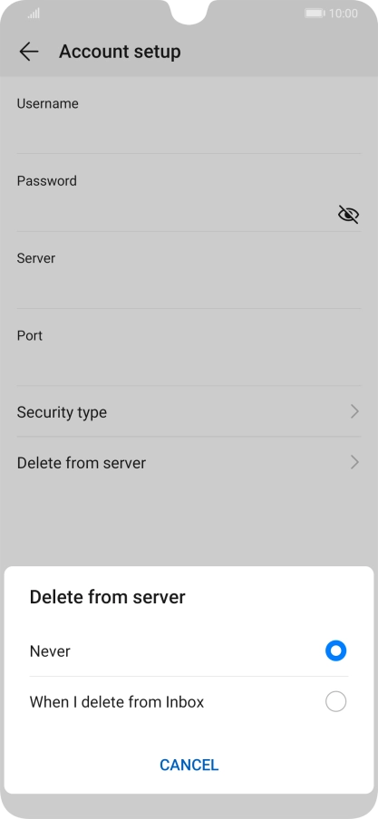 Press Never to keep email messages on the server when you delete them on your phone.