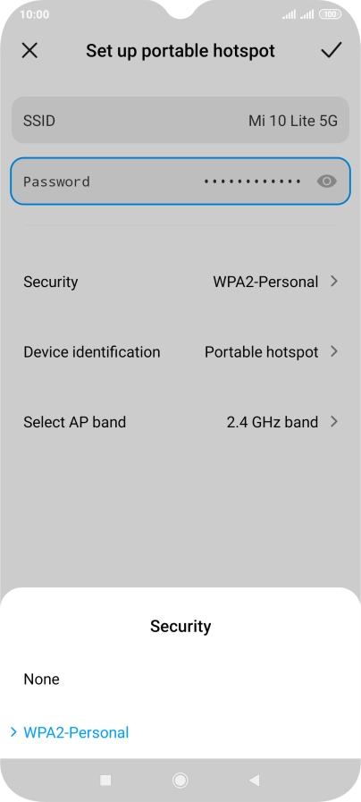 Press WAP2-Personal to password protect your Wi-Fi hotspot.