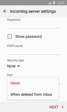 Press Never to keep email messages on the server when you delete them on your phone.
