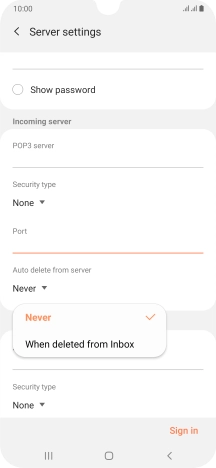 Press Never to keep email messages on the server when you delete them on your phone.