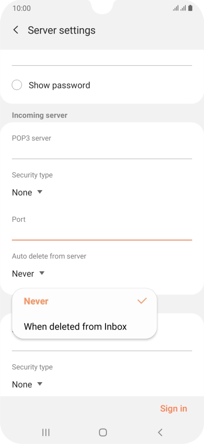 Press Never to keep email messages on the server when you delete them on your phone.
