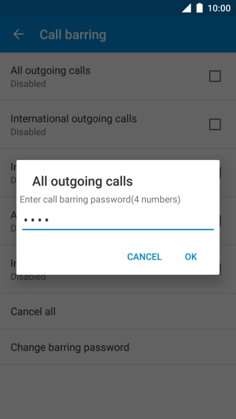 Key in your barring password and press OK. The default barring password is 0000.