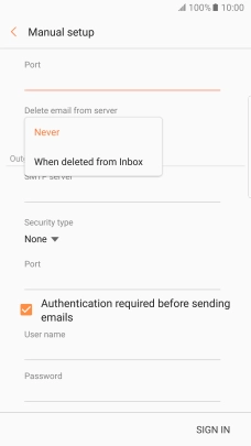 Press Never to keep email messages on the server when you delete them on your phone.
