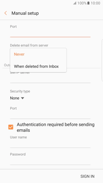 Press Never to keep email messages on the server when you delete them on your phone.