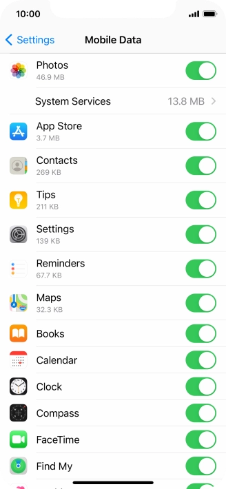 Press the indicators next to the required applications to turn the function on or off.