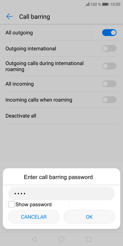 Key in your barring password and press OK. The default barring password is 0000.