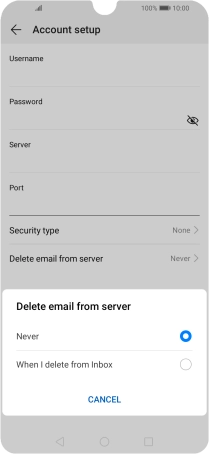 Press Never to keep email messages on the server when you delete them on your phone.