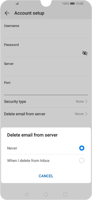 Press Never to keep email messages on the server when you delete them on your phone.