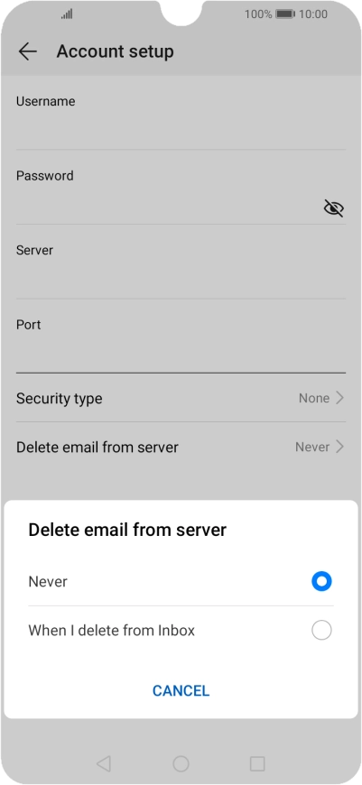 Press Never to keep email messages on the server when you delete them on your phone.