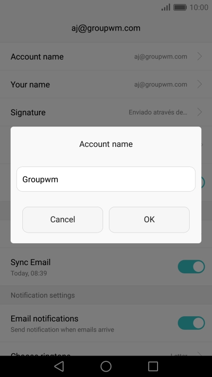 Key in the required name for the email account and press OK.