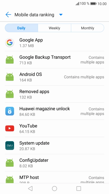The data usage for each application is displayed below the name of the application.