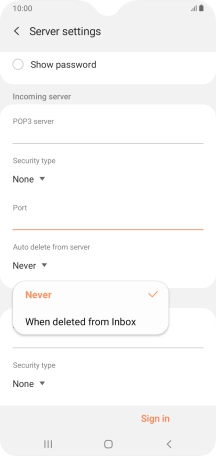 Press Never to keep email messages on the server when you delete them on your phone.