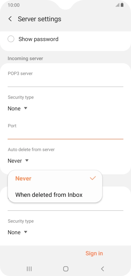 Press Never to keep email messages on the server when you delete them on your phone.