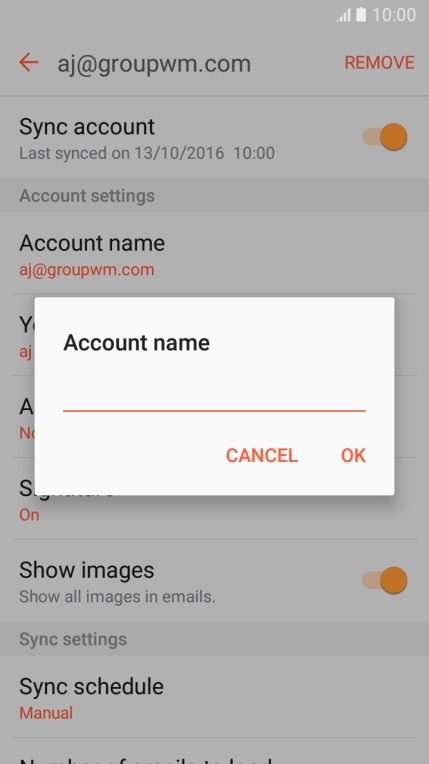 Key in the required name for the email account and press OK.