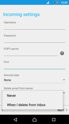 Press Never to keep email messages on the server when you delete them on your phone.