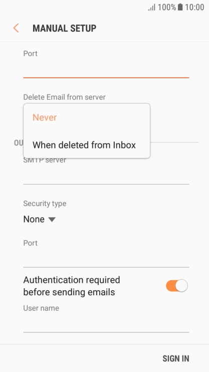 Press Never to keep email messages on the server when you delete them on your phone.